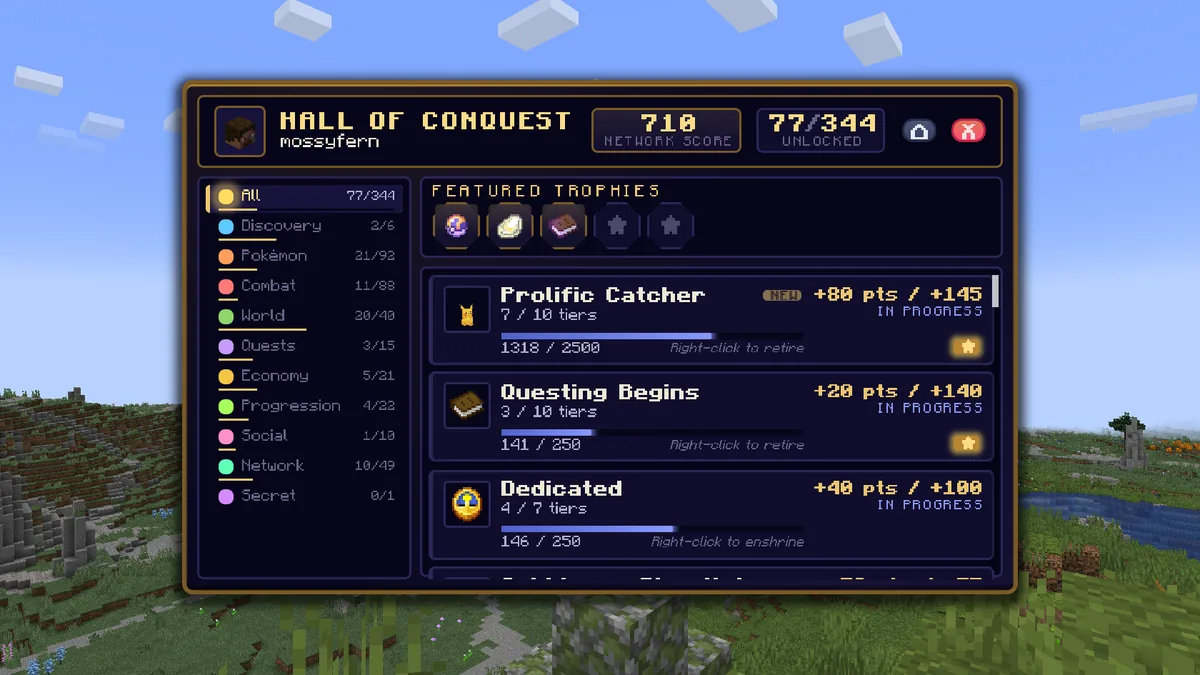The Hall of Conquest with the player's network score, three featured trophies, the category tabs and the most recently unlocked achievement ladders.