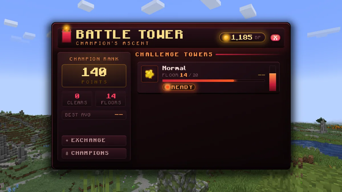 The Battle Tower menu showing the player's score, clears, floors and Battle Point balance, with the 20 floor tower marked Ready and a best floor of 14.