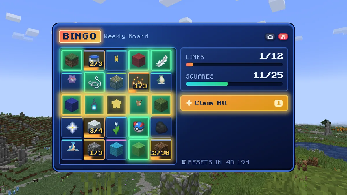 A bingo board partly filled in, with the middle row completed through the free space and its reward ready to claim.