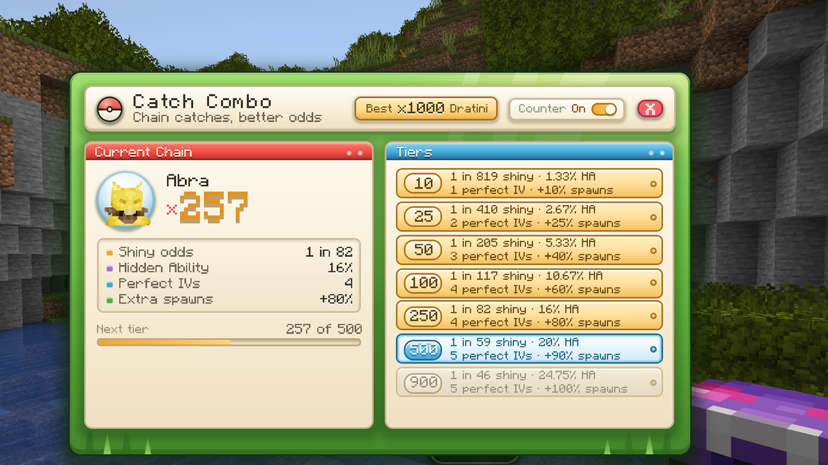 The Catch Combo menu showing a 257 Abra chain, current shiny odds of 1 in 82, and the perk tiers from 10 to 900 catches