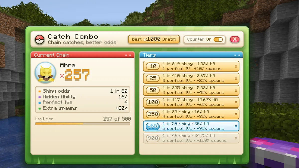 The Catch Combo menu on MineFury showing a 257 Abra chain with shiny odds of 1 in 82 and the tier ladder up to 900 catches