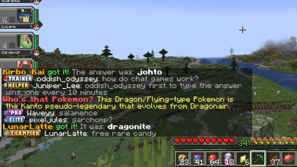 Chat during two chat games: a trivia question won by one player, then a Who's that Pokemon question where two wrong guesses come before another player gets it.