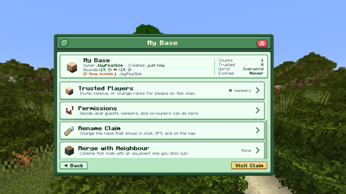 A claim management menu on MineFury with trusted players, permissions, rename and merge options