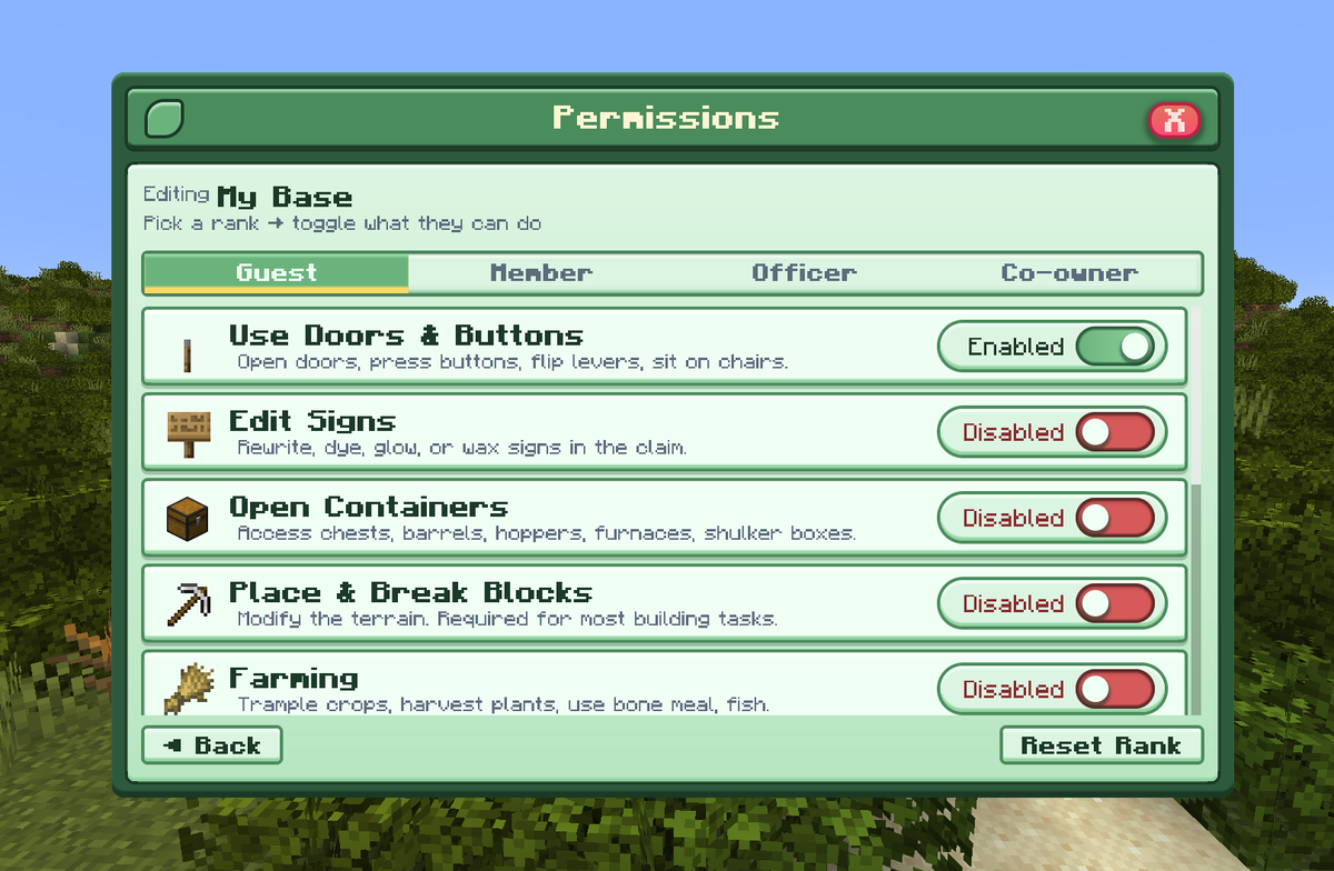 The claim permissions menu on MineFury with per-rank toggles for doors, signs, containers, building and farming
