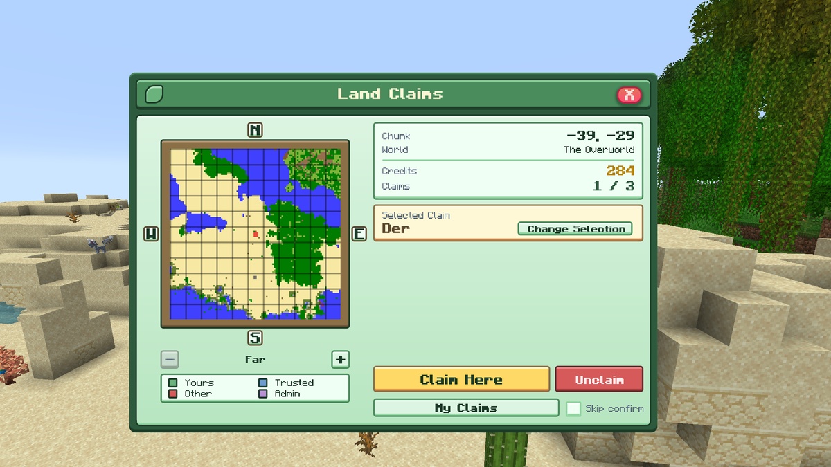 The Land Claims map menu on MineFury showing claimed chunks, chunk credits and the Claim Here button