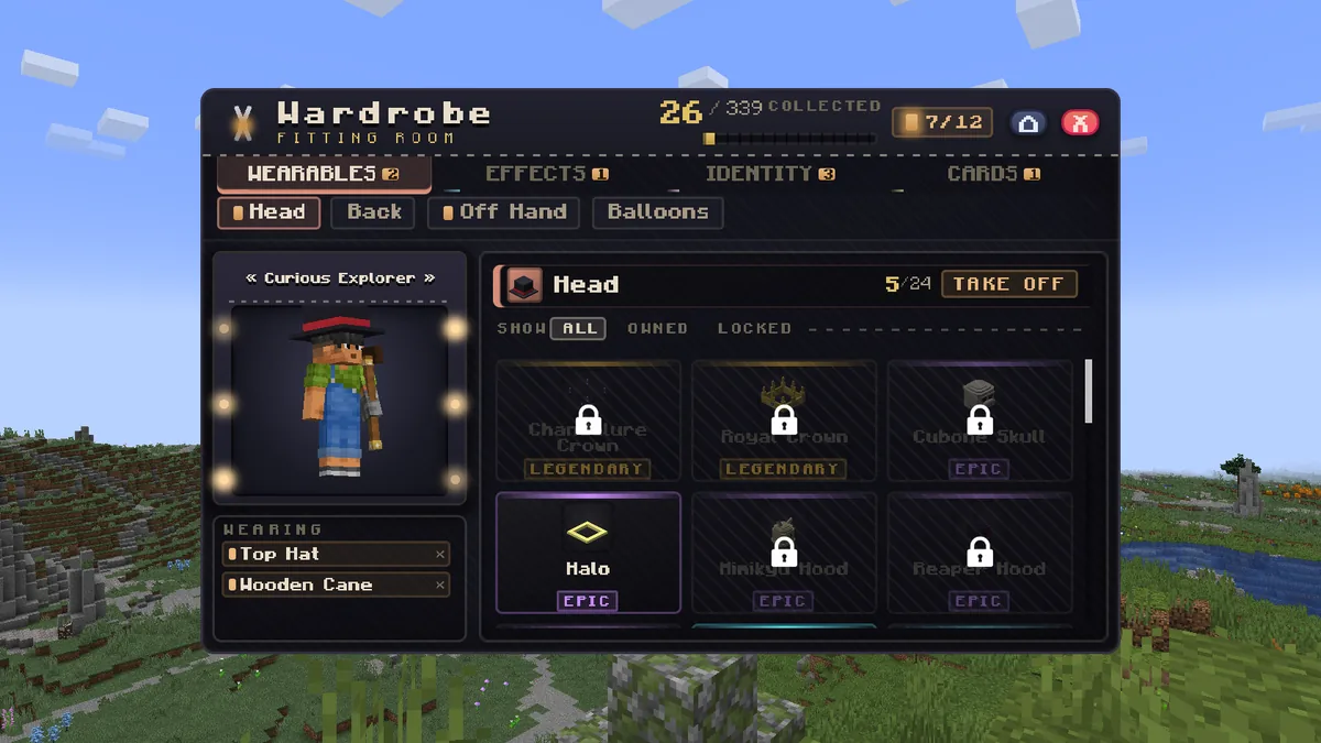 The Wardrobe menu open on the Wearables wing and the Head department. The mirror shows the player in a Top Hat and Wooden Cane, and the rack lists all 24 hats with the owned ones lit.