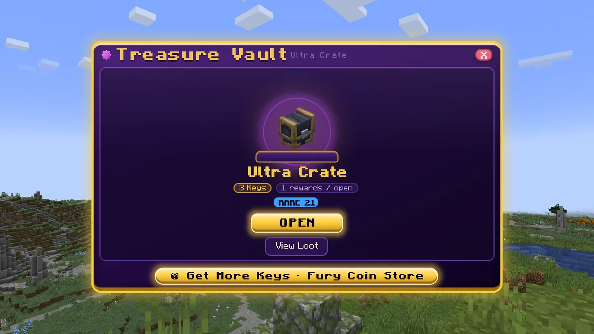 The Treasure Vault for the Ultra Crate, showing 3 keys held, the number of rewards per open, the rarity count of its loot, an OPEN button and a View Loot button.