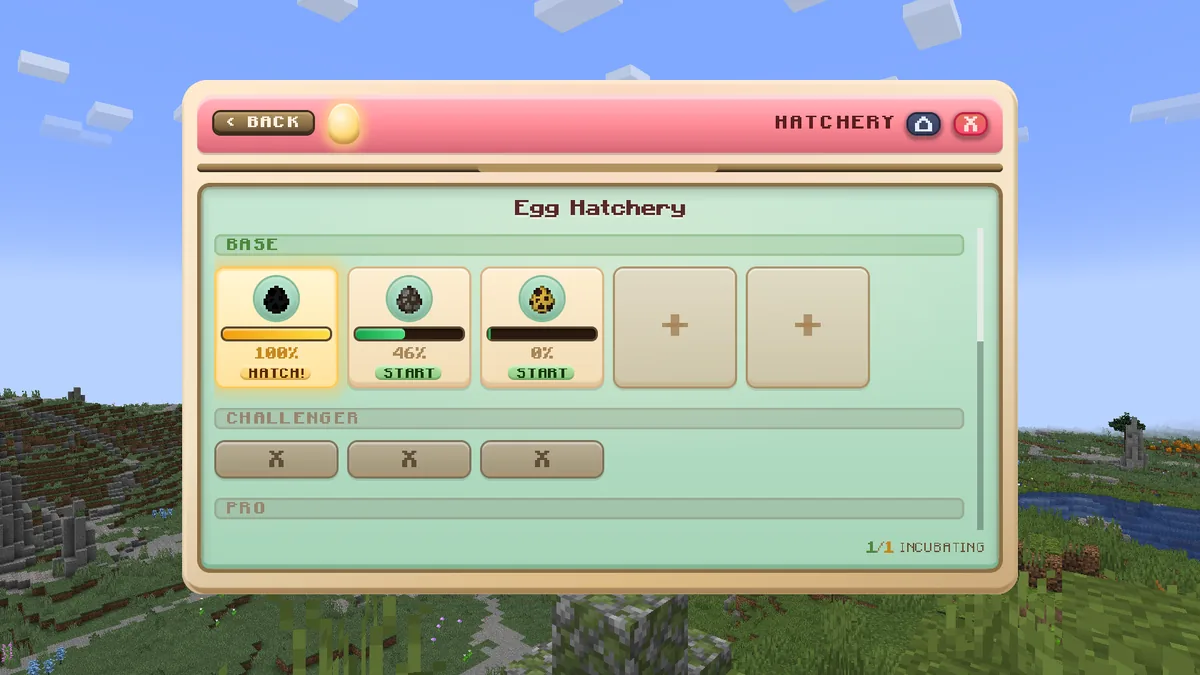 The Egg Hatchery with five open slots: a Bagon egg at 100% ready to hatch, an Eevee egg paused at 46%, a Larvesta egg not started, and 1 of 1 eggs incubating. The rank rows below are locked.