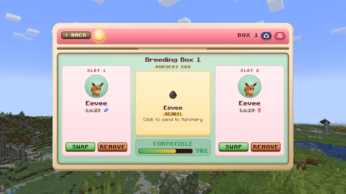 The Day Care's Breeding Box 1 with a male Eevee and a female Eevee, marked compatible with a 70% egg chance, and an Eevee egg ready to send to the hatchery.