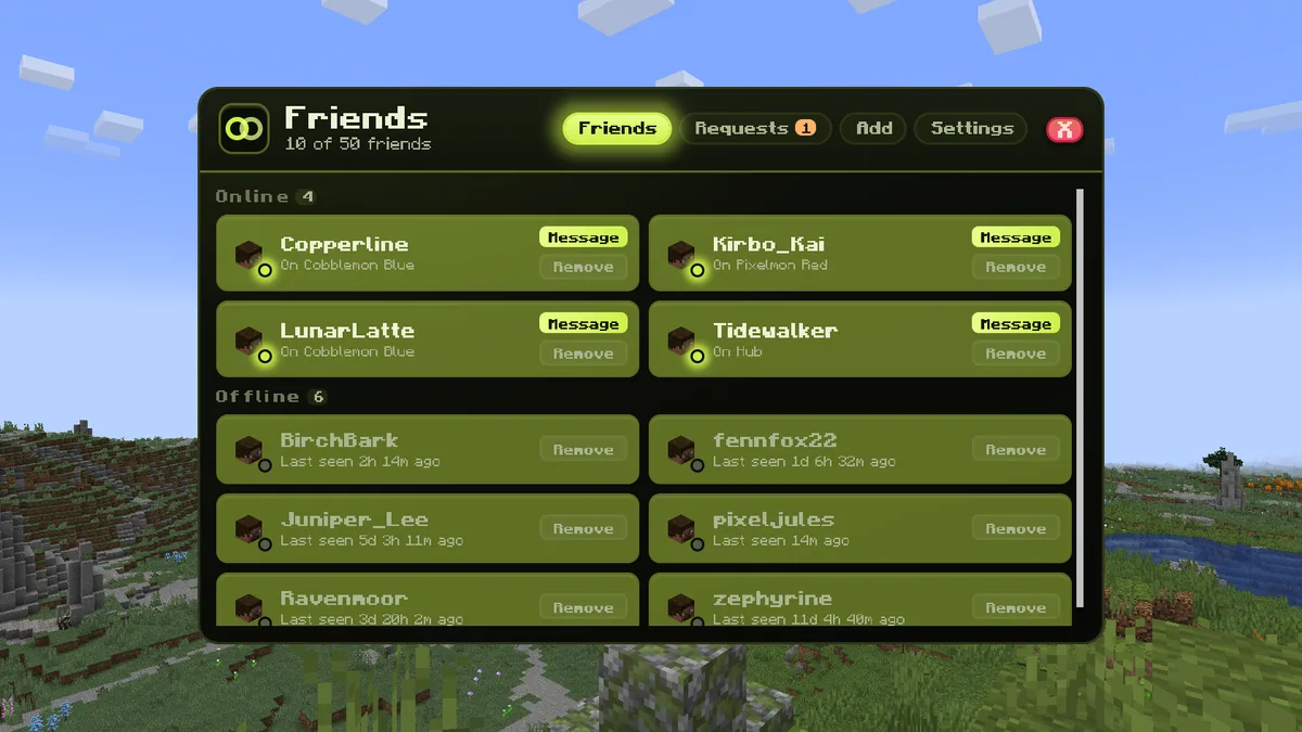 The friends list with four online friends showing the server each one is on, and six offline friends showing when they were last seen.