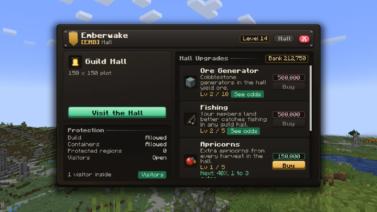 The Guild Hall page showing the 150 by 150 plot, hall protection settings and visitors, and the hall upgrades with their levels, prices and Buy buttons