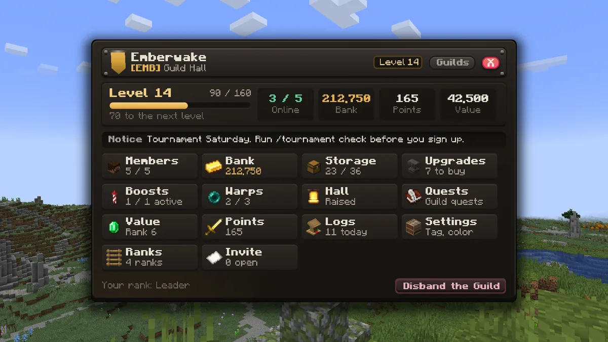 The guild page for a level 14 guild with five members, showing guild XP, the guild bank, points and value, a notice from the leader, and buttons for members, bank, storage, upgrades, boosts, warps, the hall, quests and ranks