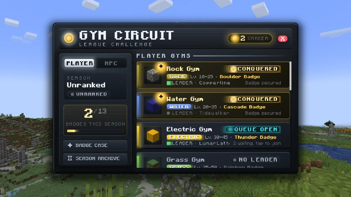 The Gym Circuit menu with a card for each gym. The Rock and Water gyms are conquered, some gyms have a leader online or away, others read No Leader, and the Elite Four are locked.