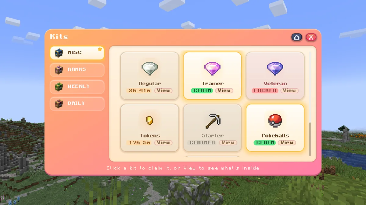The kits menu on the Misc. tab: Trainer and Pokeballs ready to claim, Regular and Tokens on cooldown, Starter already claimed, and Veteran and Shiny locked.