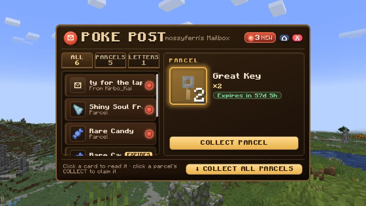 The mailbox with reward parcels and a letter. A Great Key parcel is open in the reading pane with its Collect button, and a Rare Candy parcel is marked as expiring soon.