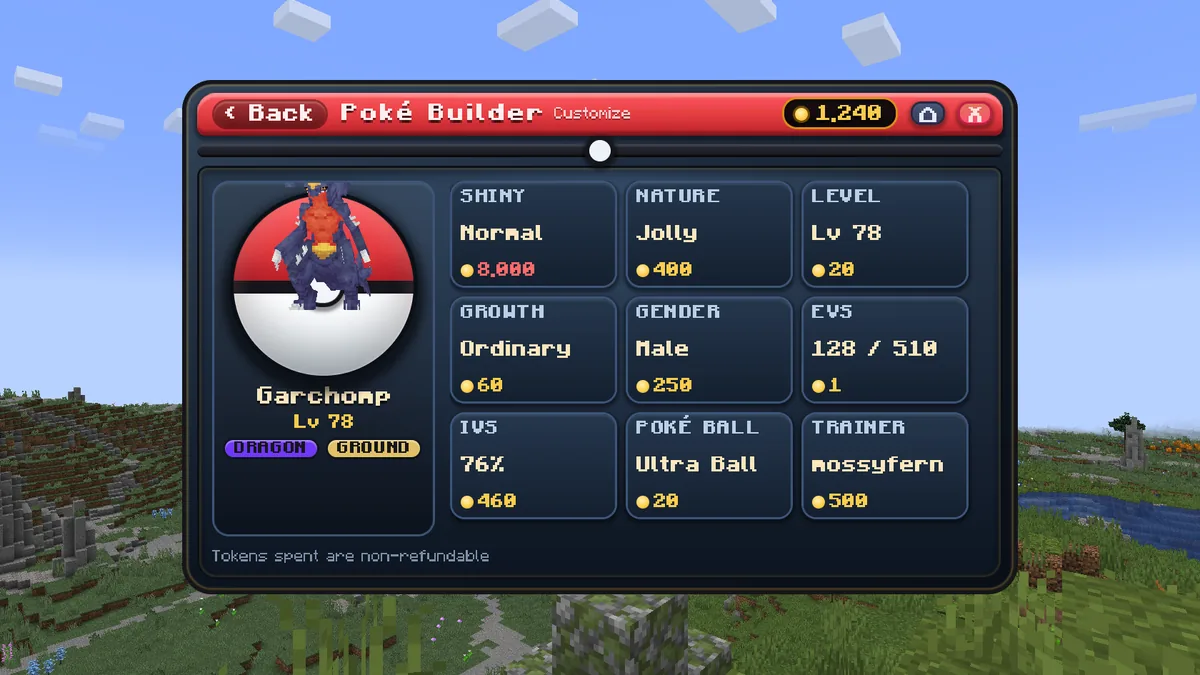 The PokéBuilder editing a level 78 Garchomp, with a card for each change (shiny, nature, level, growth, gender, EVs, IVs, Poké Ball and Original Trainer) and its price in Tokens.