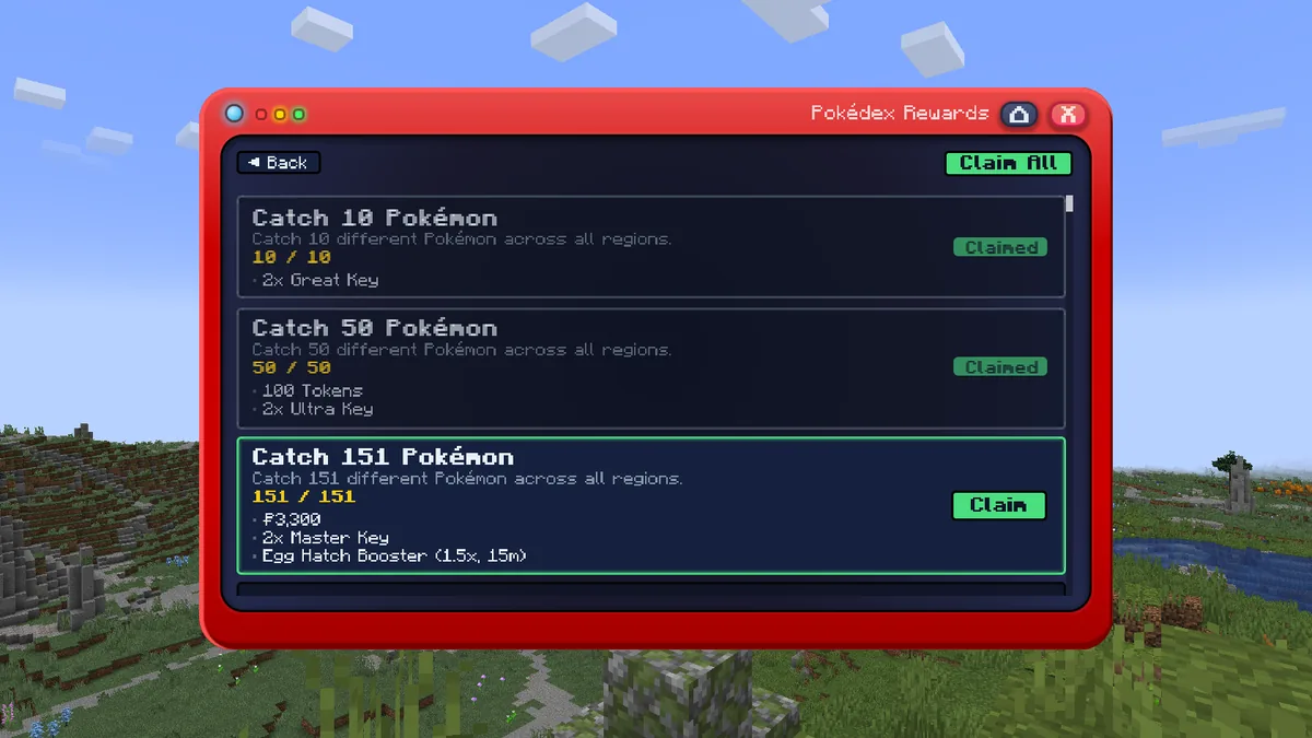 The Pokédex rewards page with the 10 and 50 catch milestones claimed, the 151 milestone ready to claim, a Claim All button, and the rewards each step pays out.