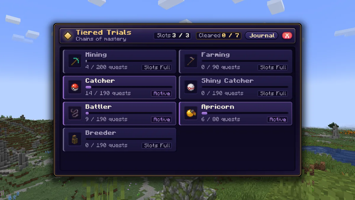 The Tiered Trials page listing all seven trials, with Catcher, Battler and Apricorn active and three of three trial slots in use.