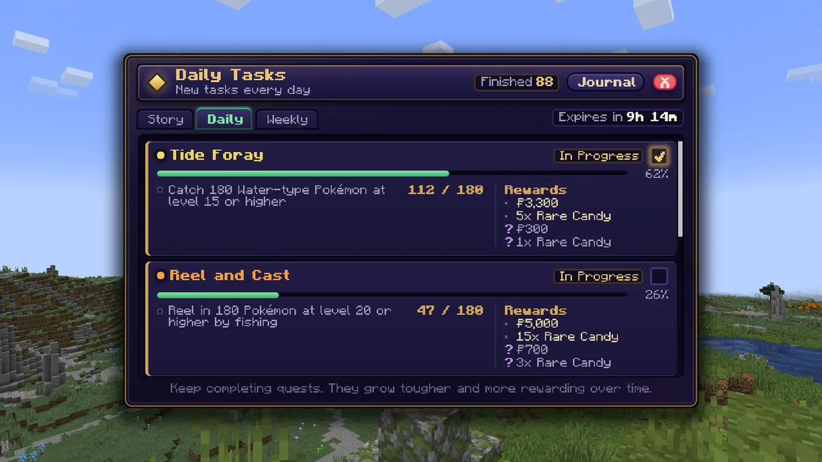 The Daily Tasks board with five quests: Tide Foray and Bramble Rounds at Medium, Reel and Cast at Hard, and two finished Easy quests, each with its objective, progress bar and rewards.