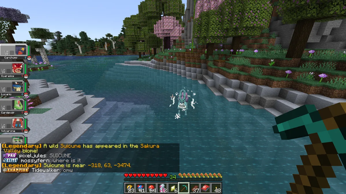 A legendary Suicune standing on a river in a Sakura Valley on MineFury, with the legendary spawn announcement and its location in chat