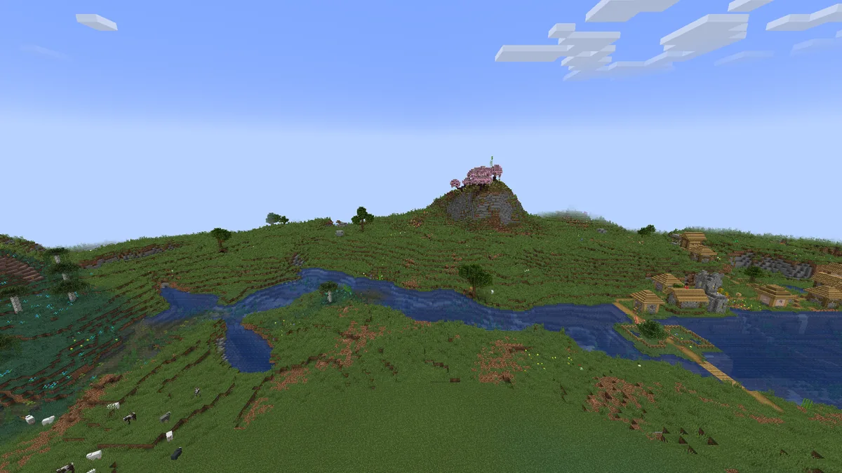 A Resource World landscape on MineFury: rolling green hills, a river and a cherry tree on a rocky peak