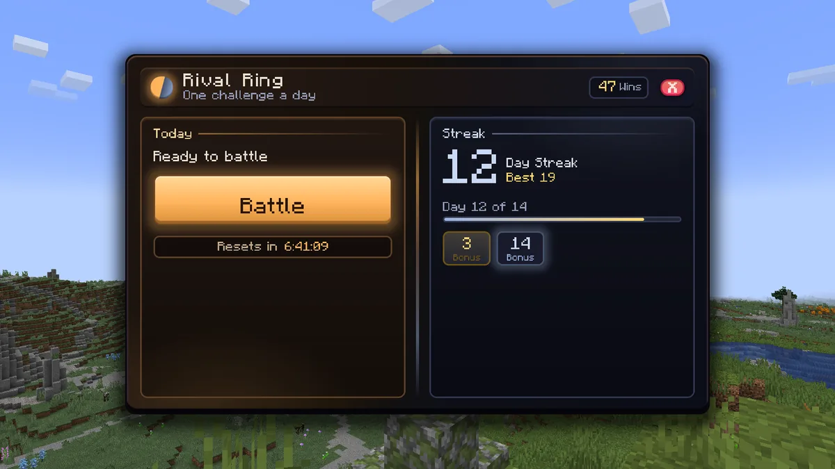 The Rival Ring menu on MineFury with a 12 day win streak, the next milestone at day 14 and the Battle button ready