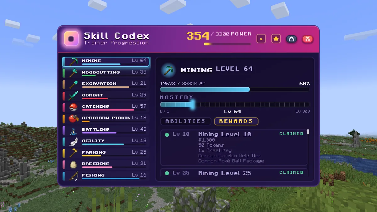 The Mining rewards tab in the Skill Codex: the level 10 and 25 rewards claimed, the level 50 reward ready to claim, and the higher levels still locked, each listing what it gives.