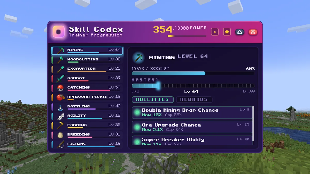 The Skill Codex with all 11 skills and their levels on the left and Mining selected at level 64, showing its XP bar, its progress toward level 300 and its perks with their current and maximum values.