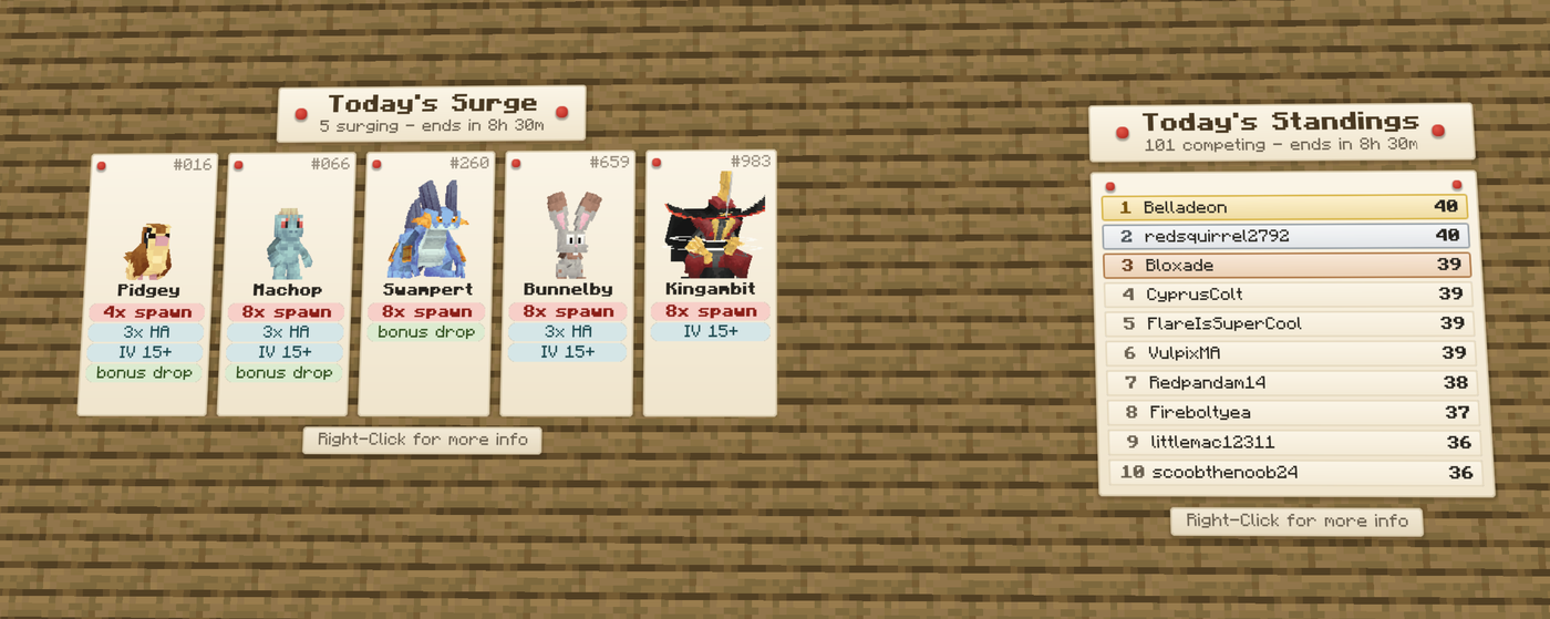 In-world panels at spawn showing today's surge species and the daily standings leaderboard
