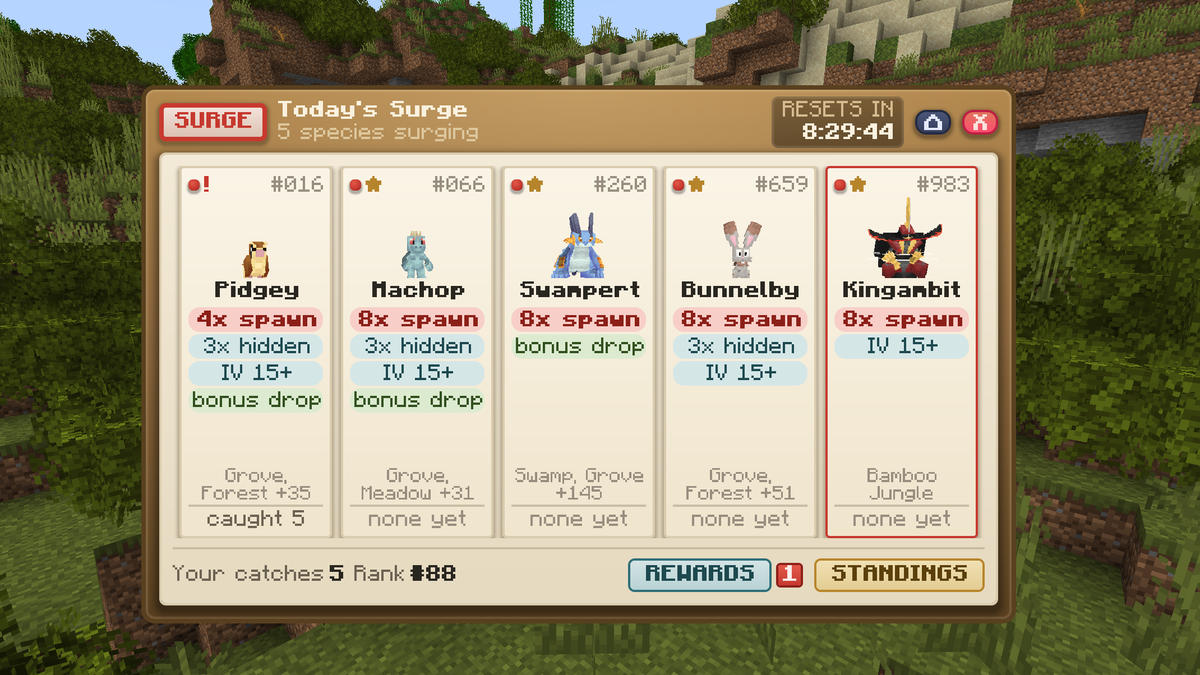 The Today's Surge menu showing five surging species with spawn multipliers, hidden ability odds and IV floors