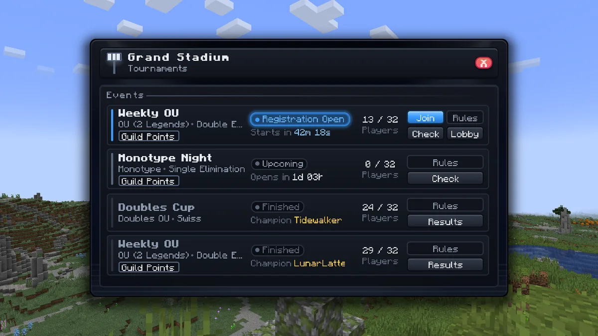 The tournament hub listing Weekly OU with registration open and 13 of 32 players, an upcoming Monotype Night, and the champions of the last two tournaments