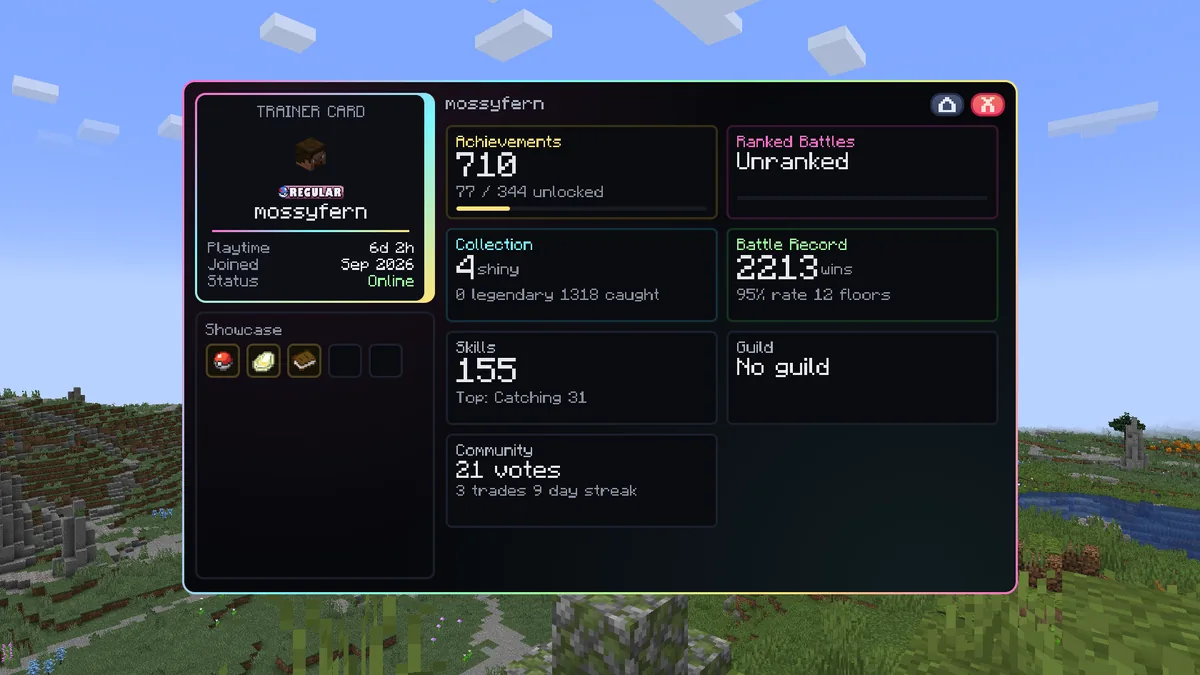A Trainer Card with rank, playtime, join date, three featured trophies and panels for achievements, ranked battles, collection, battle record, skills, guild and community.