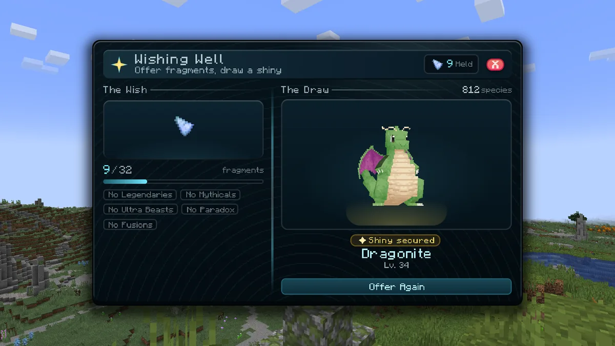 The Wishing Well menu on MineFury after a draw, showing a shiny Dragonite at level 34 and the Shiny Soul Fragment meter at 9 of 32