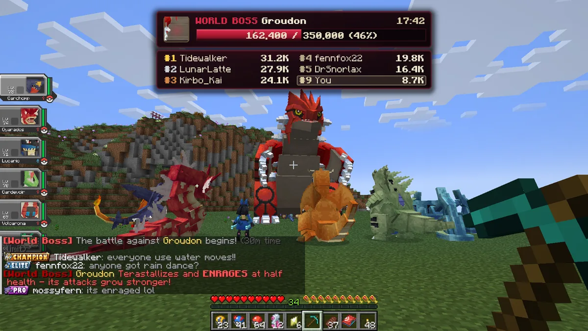 A World Boss fight on MineFury: a giant Groudon in the arena with players' Pokémon around it, the shared health bar at 162,400 of 350,000 HP, the damage leaderboard and the battle announcements in chat